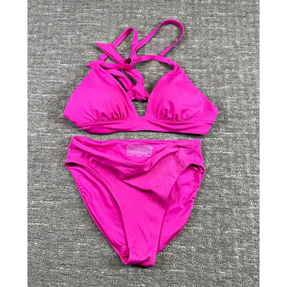 Victoria's Secret Pink 2pc Bikini Triangle Halter Top High Waist Bottom M medium